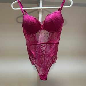 Victoria's Secret Hot Pink Lace & Mesh Teddy Bodysuit